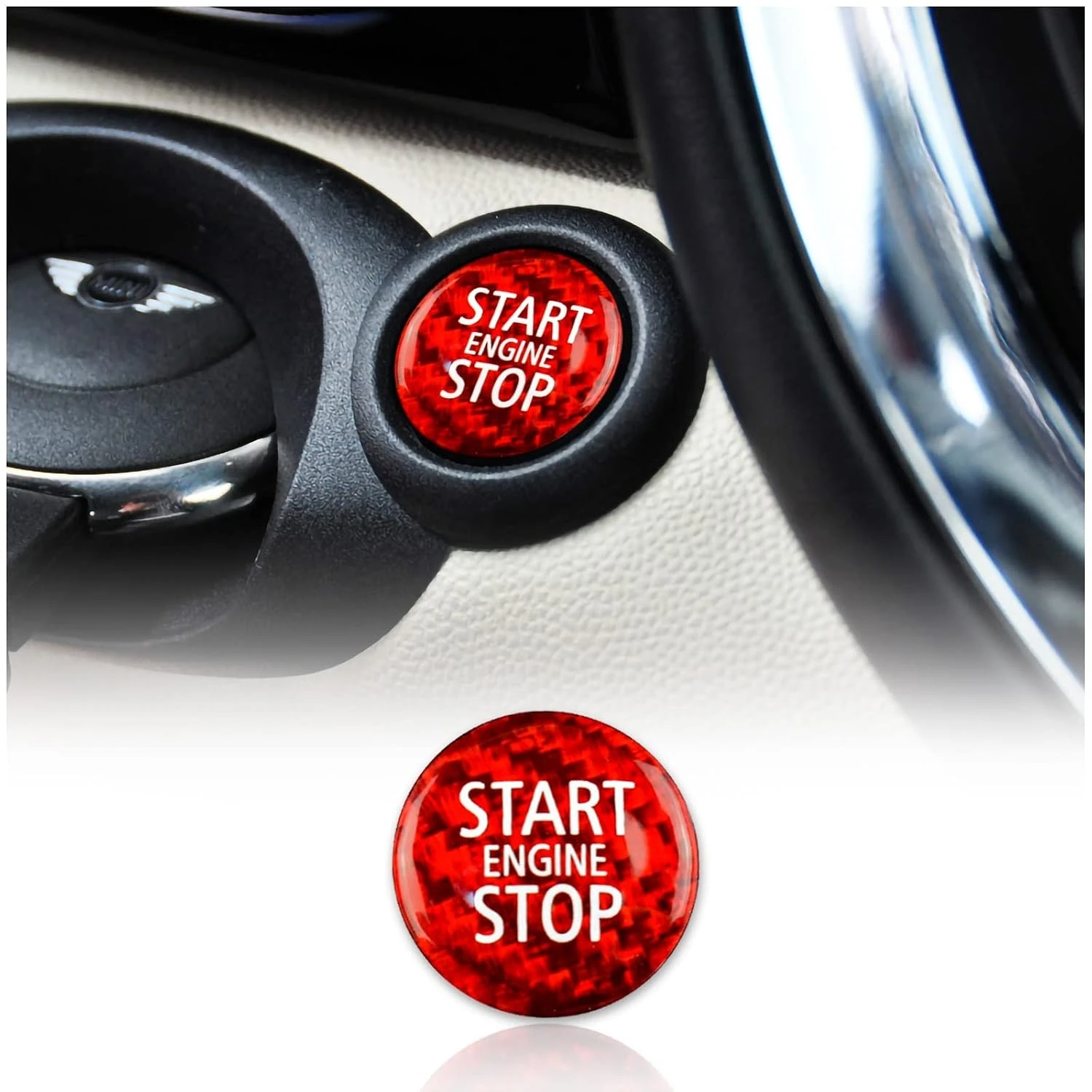 Pour MINI Cooper R55/R56/R57/R58/R59, accessoire de décoration intérieure, couvercle du bouton de démarrage/arrêt, rouge, en fibre de carbone véritable, autocollant, pièces automobiles