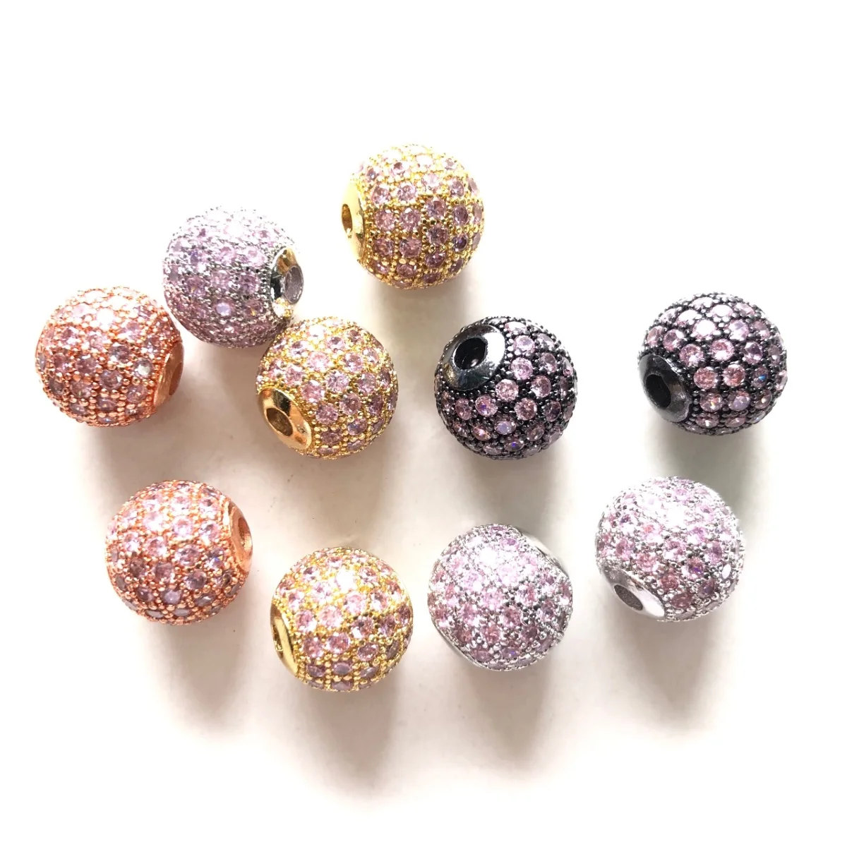 10pcs/Lot 10mm Pink Zirconia Disco Ball Beads for Bracelet Making Micro Pave Brass Spacers Necklaces Waist Jewelry Finding