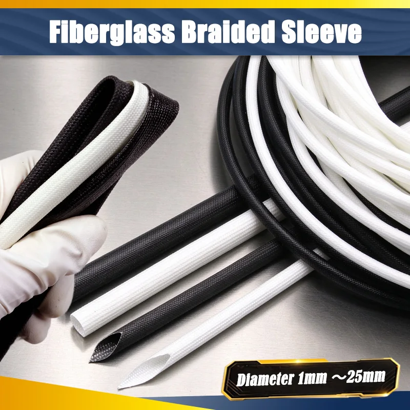 2/5/10m Black White 200°C Fiberglass Sleeve Diameter 1mm - 25mm High Temperature Silicone Resin Coated Glass Fiber Tube Sleeving
