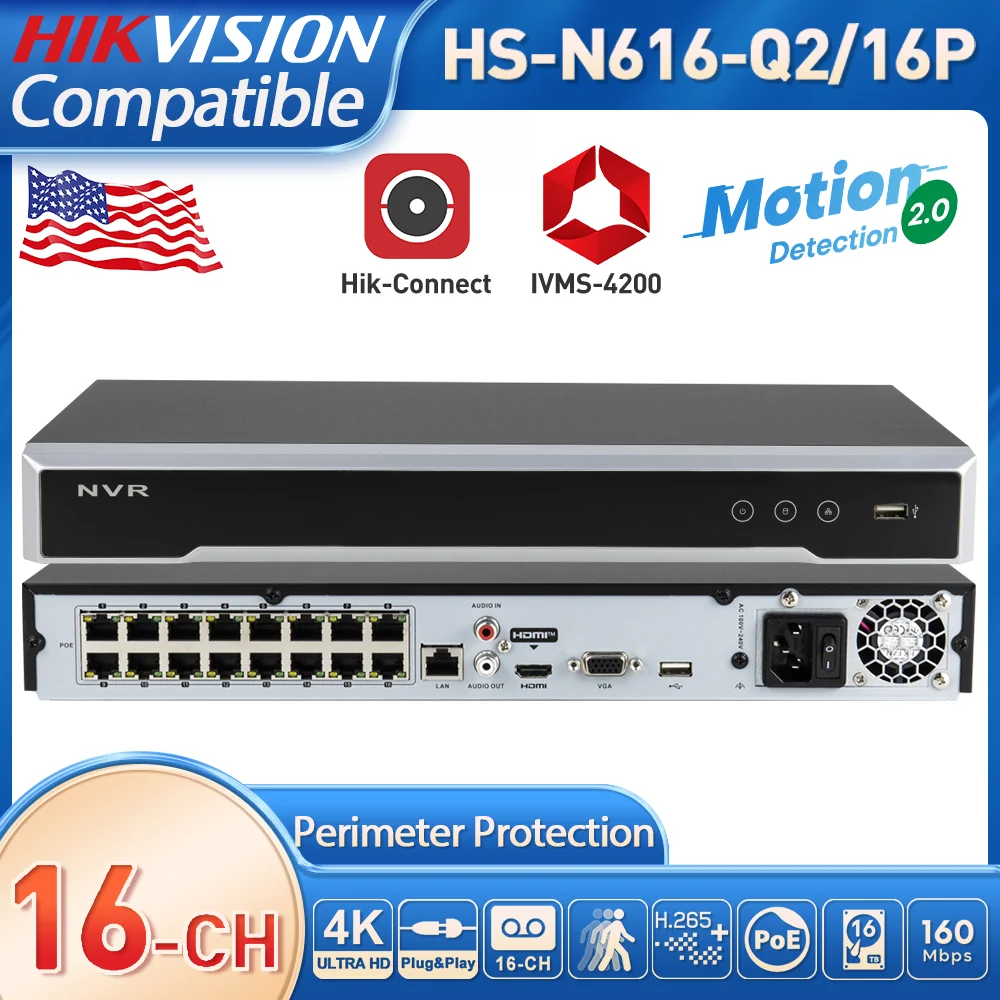 16CH PoE NVR H.265+ Recorder HDMI VGA 2 SATA 4K HDMI Compatible Hikvision IP Camera Motion Detect Remote View System App