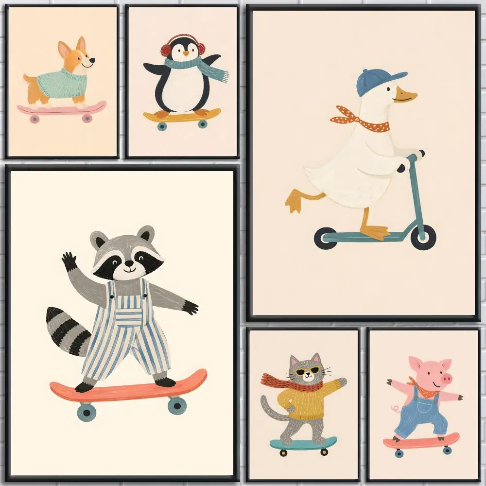 Cartoon skate animal nursery wall art Poster Painting Prints Wall Art Picture Film Room Home Bar Cafe Decor Home  Mural