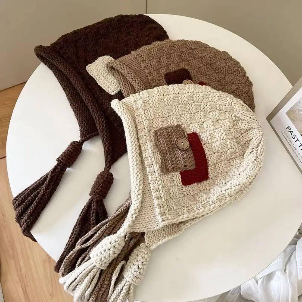 

Knit Cap Long Tassels Crochet Knitted Hat Warm Wool Knit Beanies Vintage Korean Lei Feng Hat Winter