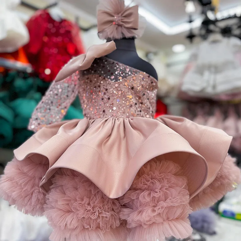 HETISO Flower Sequined Girls Birthday Party Dress Tutu One Shoulder Children's Formal Celebration Piano Performance Prom Gown