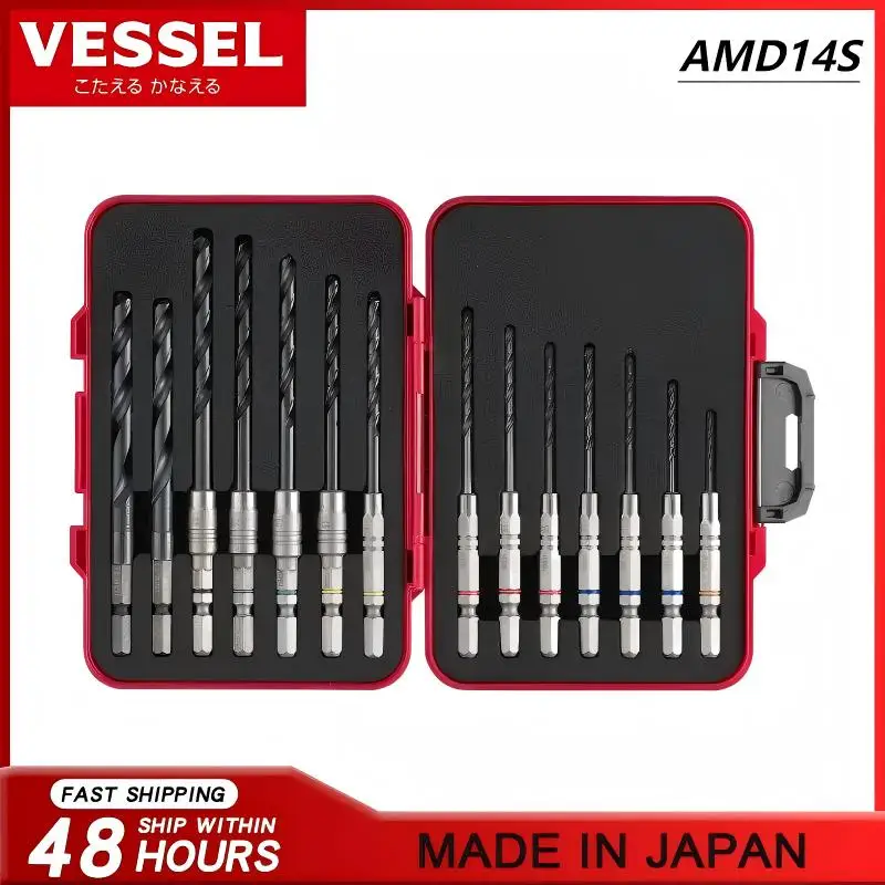 VESSEL 14-Piece Chrome Vanadium Steel Drill Bit Set AMD14S - Twist Bits for Metal/Wood, DIY Use, Special Boxed Set