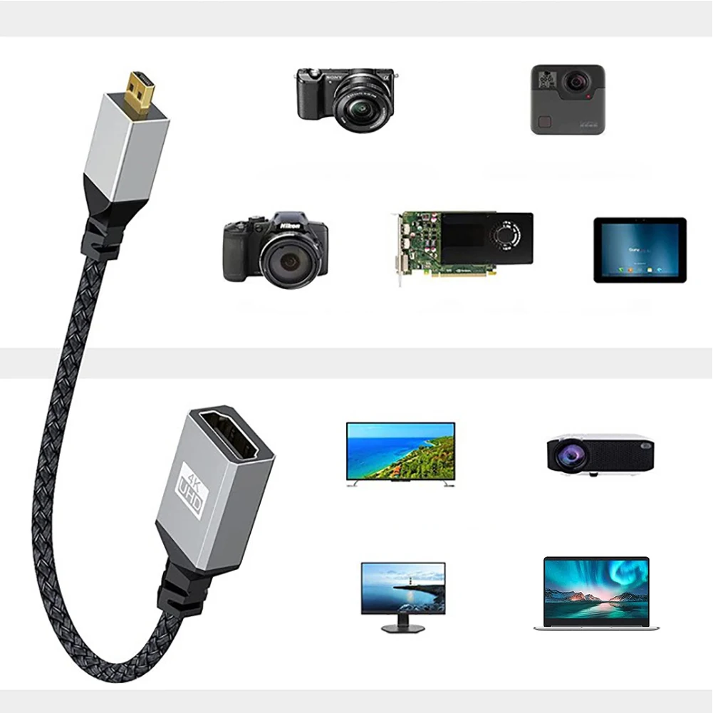 20CM Micro HDMI-Compatible Extension Cable V2.0 Micro HDMI-Compatible Converter Right Angled 4K@60HZ for Cameras HDTV Monitor