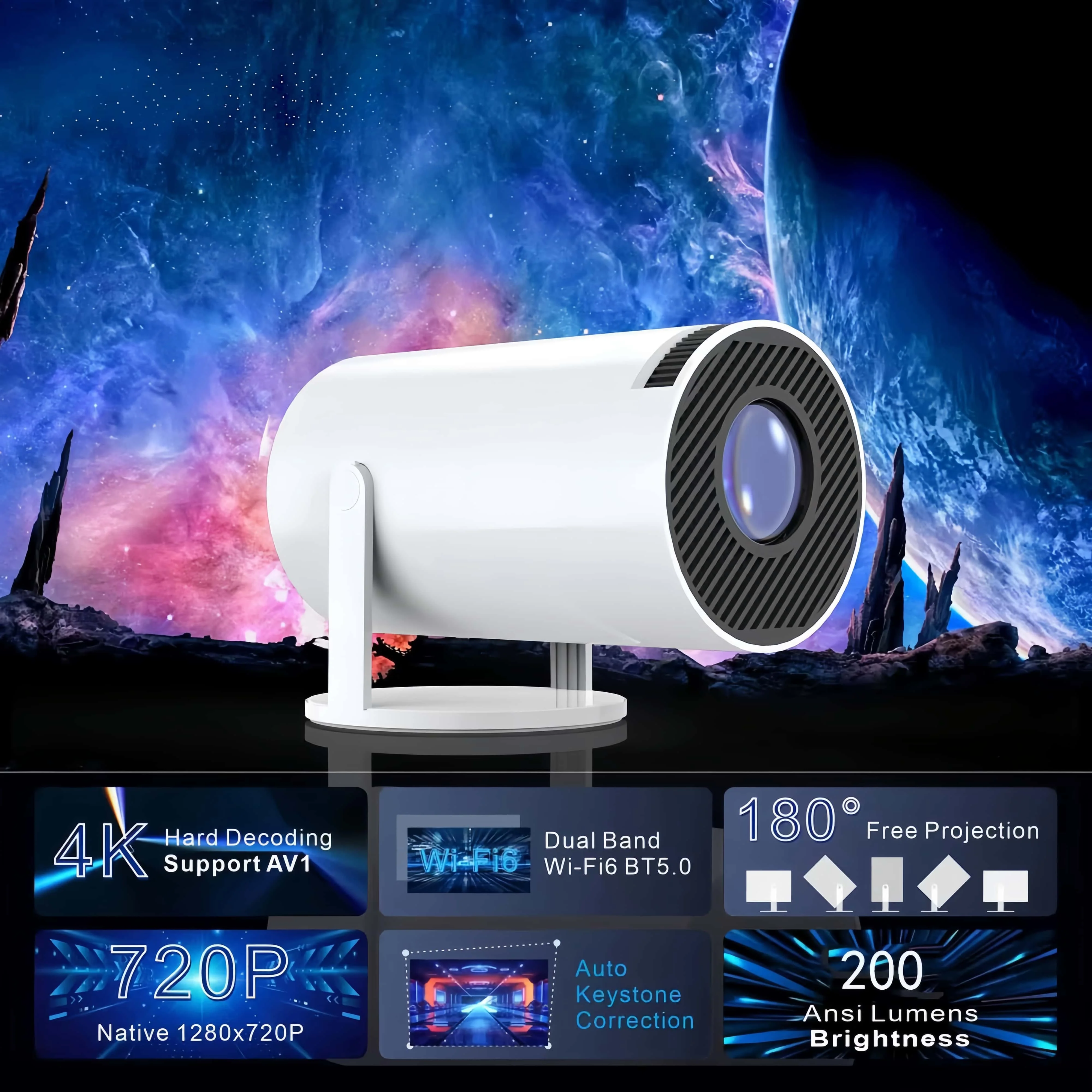 2026 Neuer HY300 Projektor 4K-Dekodierung Android 11 Wifi6 290ANSI Allwinner H713 BT5.0 Native 720P Unterstützt 1080P Tragbarer Outdoor-Heimkino-Projektor