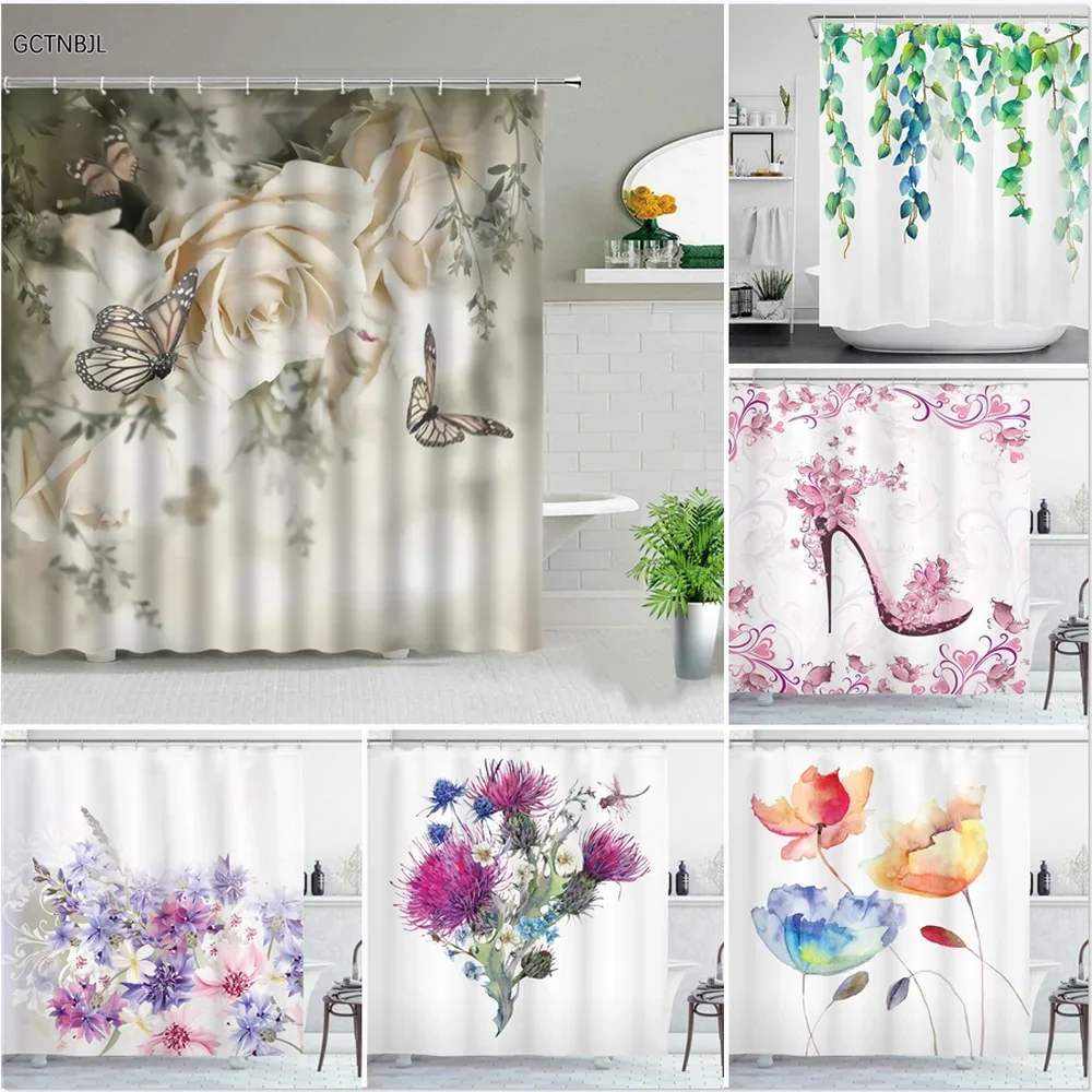 

Rose Butterfly White Flower Shower Curtain Floral Print Waterproof Polyester Bathroom Curtain Fabric For Bathtub Decoration