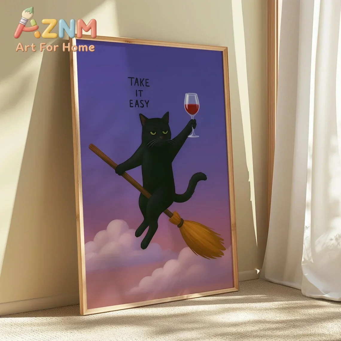 AZNM Funny Black Cat Riding Broom With Red Wine Canvas Wall Art Take It Easy Quote Frameless Print Poster for Home Wall Decor