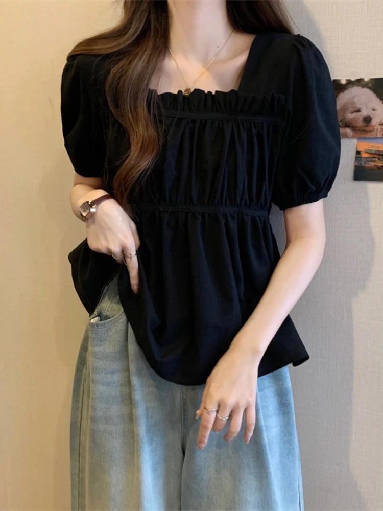 plus Size Bubble Sleeve Chiffon Base Shirt Summer New Style Women's Fashion Slimming Top Cover Belly Square Collar T-shirt