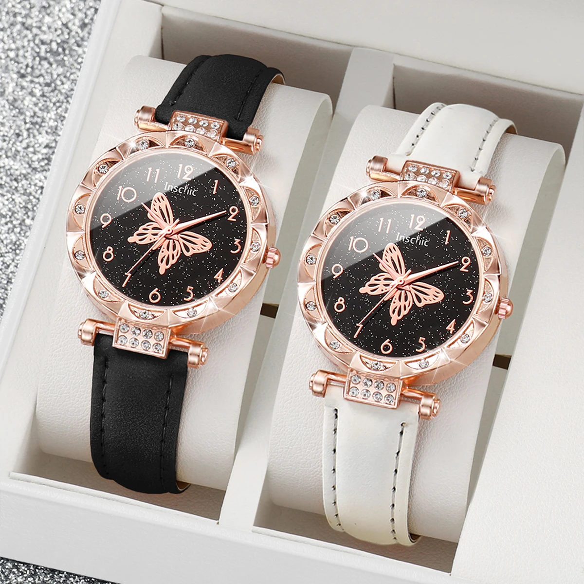 2PCs/Set Women Butterfly Dial Watch Student Leather Strap Quartz Watch