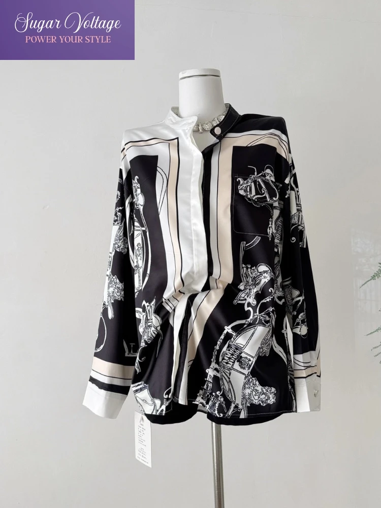 

French Vintage Artistic Print Shirt Black White Contrast Long Sleeve Women Summer Patchwork Loose Fit Y2k Streetwear Blouse New