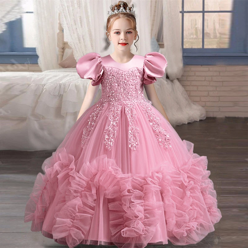 3-10 Year Old Girl Flower Girl Wedding Elegant Evening Dress Birthday Party Mesh Fluffy Sleeves Bow Girl Princess Dress