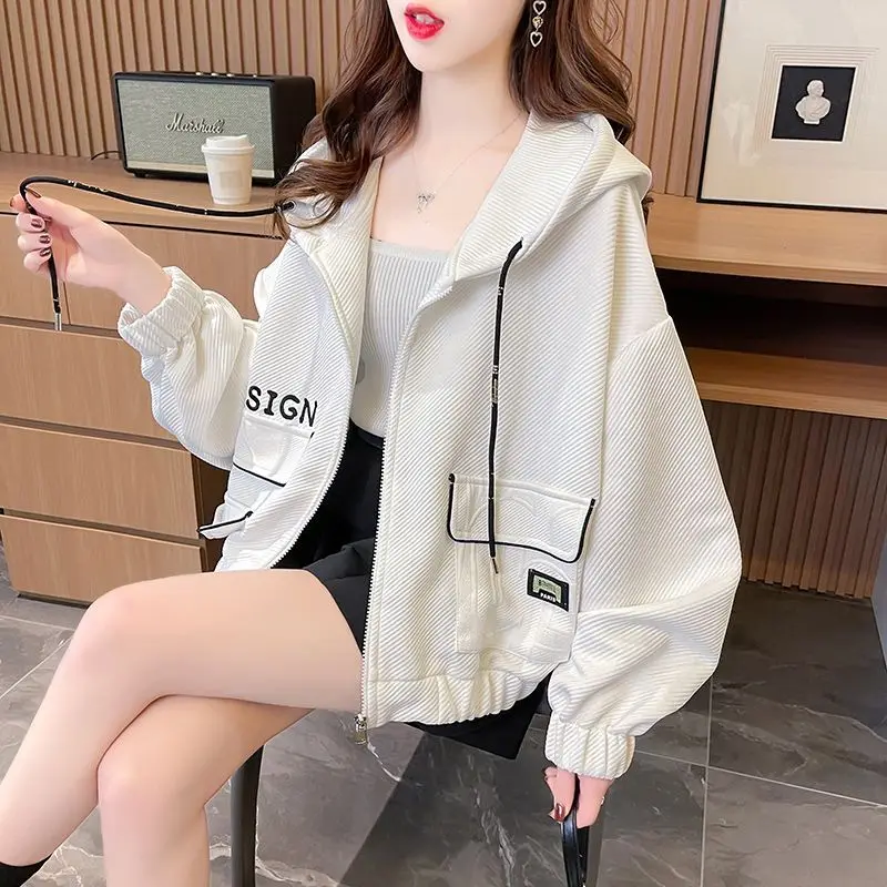 

Casual Korean Loose Office Lady Simplicity Streetwear Women's Clothing Jackets Zipper Pocket Drawstring Long Sleeve Hoodies