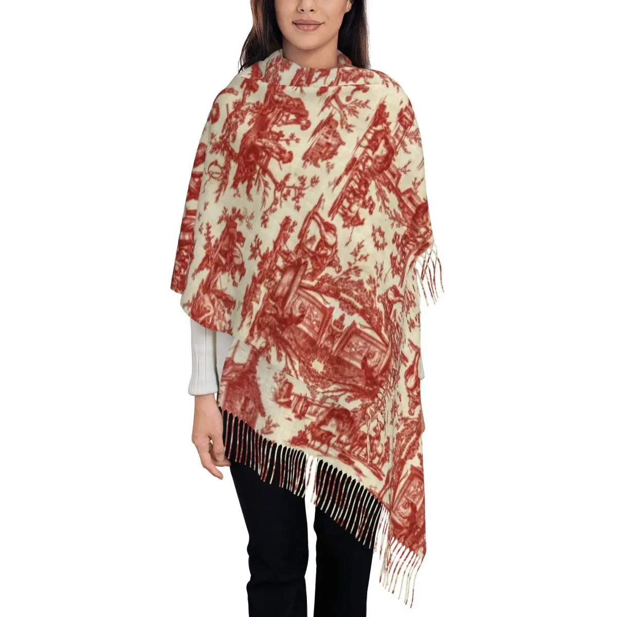 

Винтажный французский шарф с мотивом Toile De Jouy для женщин, длинные зимние теплые шаль с кисточками, шарфы унисекс
