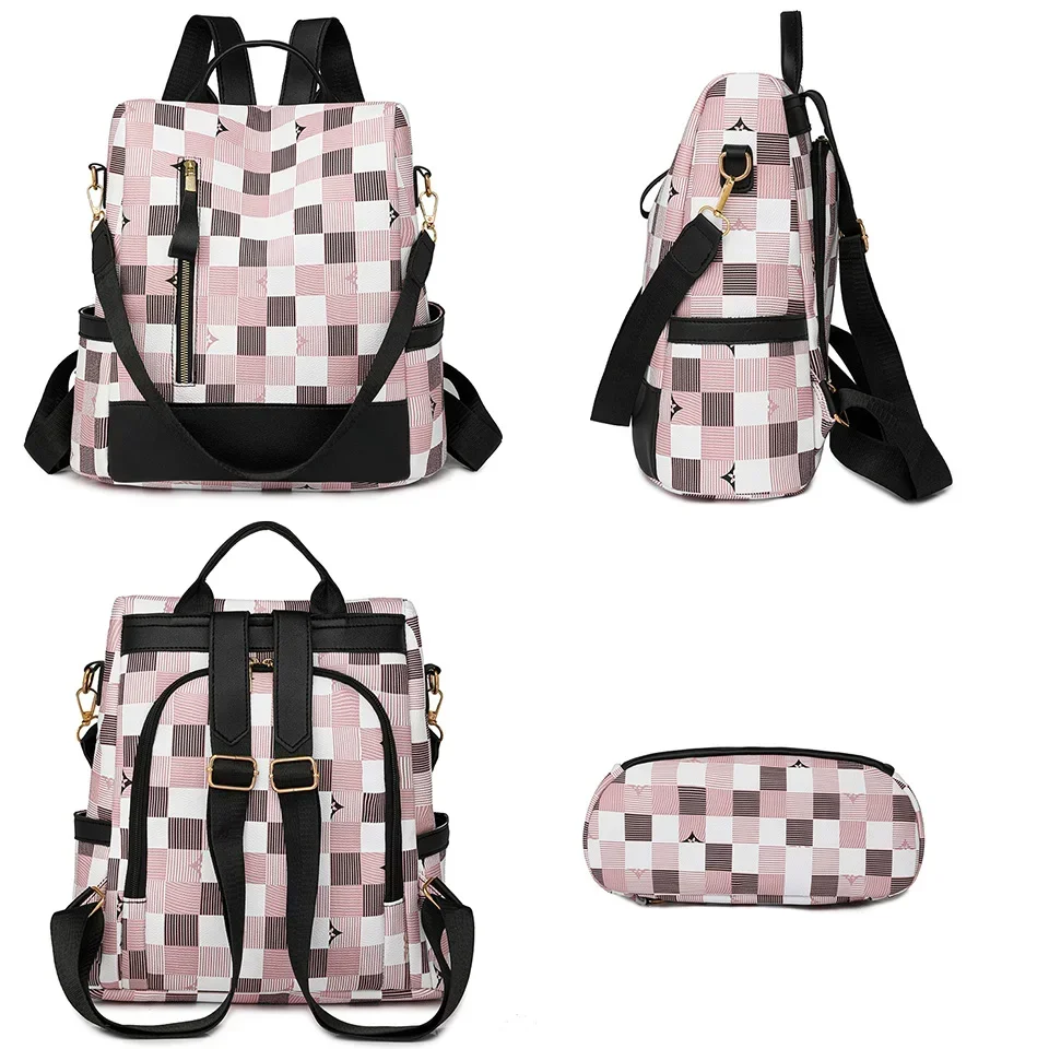 Mochila informal a cuadros con contraste, mochila de moda con estampado Popular para mujer, bolso de hombro multiusos ligero de gran capacidad que combina con todo