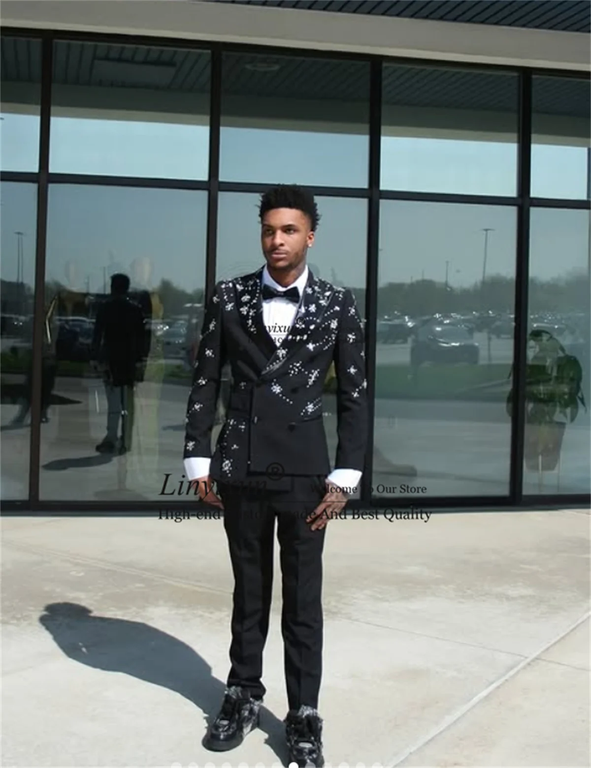 

Stunning Crystal Diamond Beaded Men Suits 2 Piece Sets Groom Wedding Blazers Slim Fit Double Breasted Costume Homme Customized
