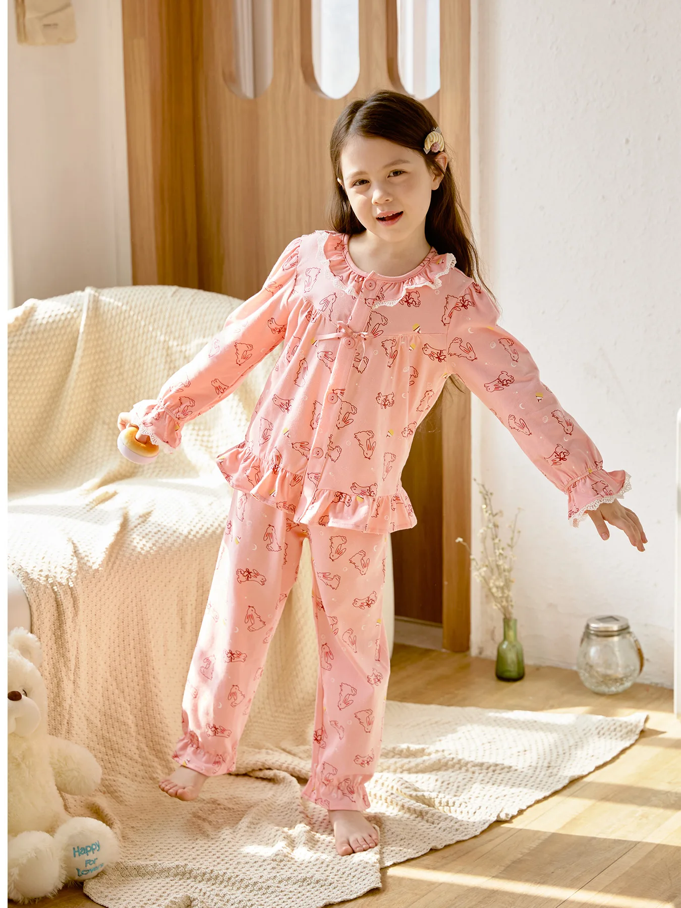 2pcs Kids Girls Cute Rabbit Shirt Long Sleeve Top + Trousers Comfortable Fashion Refreshing Bright Loungewear Set 6,692