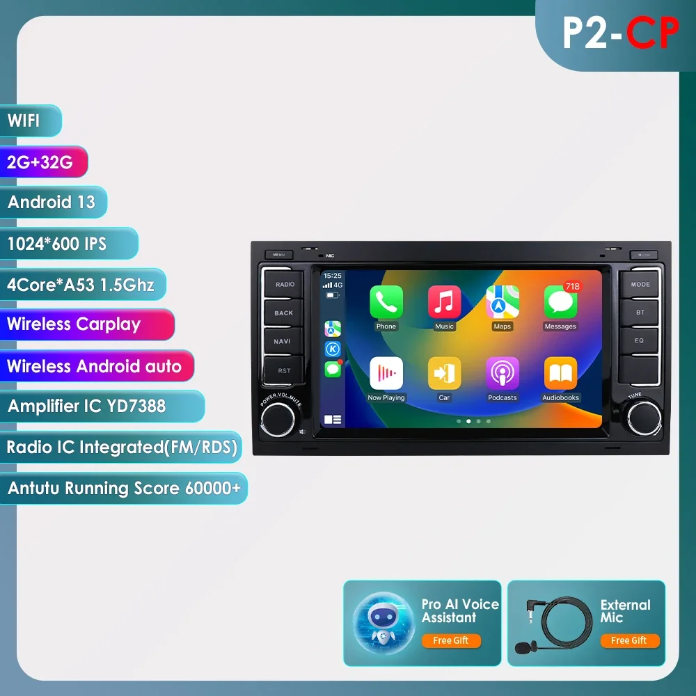 Carplay 4G-LTE 7 ''2Din Android 14 Autoradio GPS voor VW Volkswagen Touareg Transporter T5 Multivan Naviagtion speler Audio WIFI