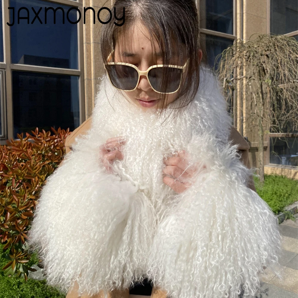 Jaxmonoy Real Mongolian Sheep Fur Scarf Women Detachable Lamb Fur Collar Winter Warm Fur Scarves Lady Fashion Neck Warmer Autumn