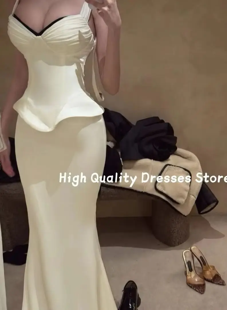 Prom Dresses White Straps Corset Evening Gown Contrast V Neck Trim Peplum Waist Bodycon Skirt Birthday Gala Outfit Customized ﻿