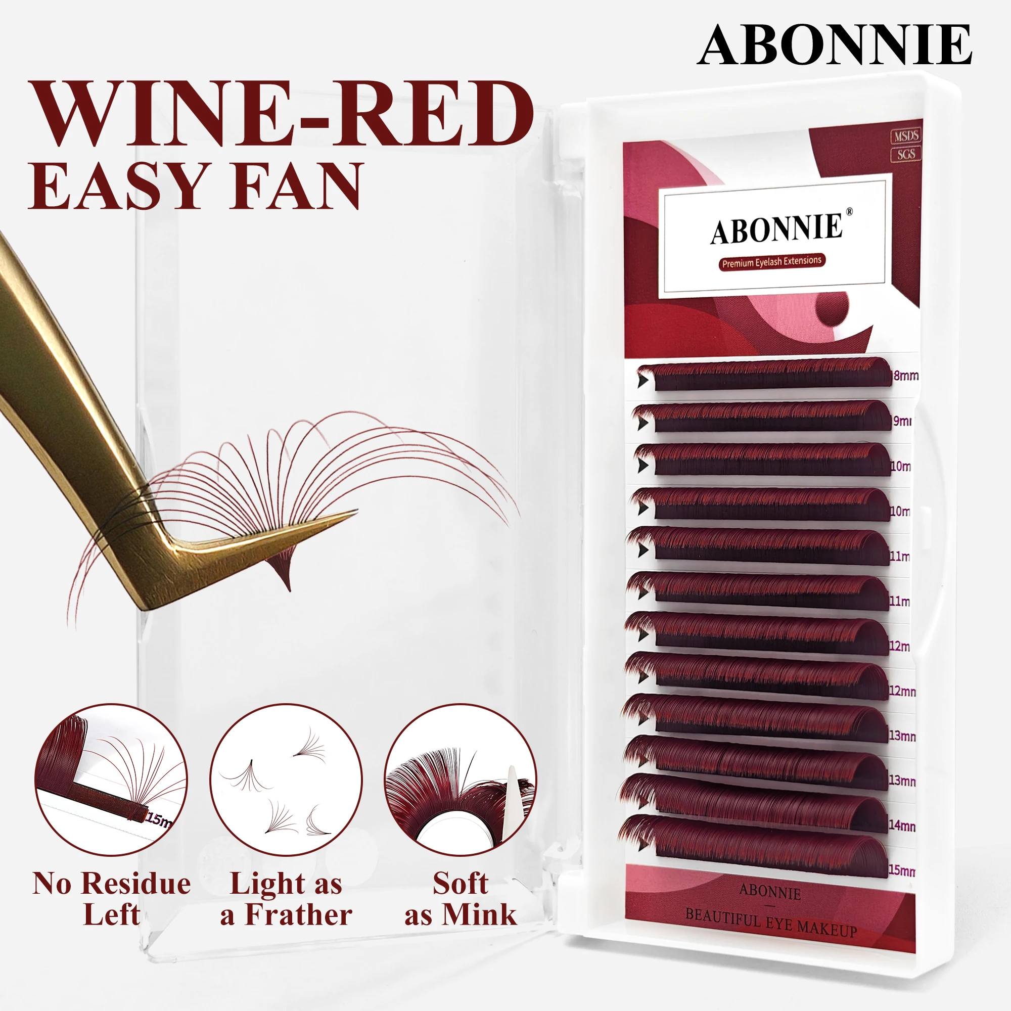 Abonnie Burgundy Red Easy Fan Eyelash Extensions Color Automatic Fanning Lashes Volume Cilios Blooming