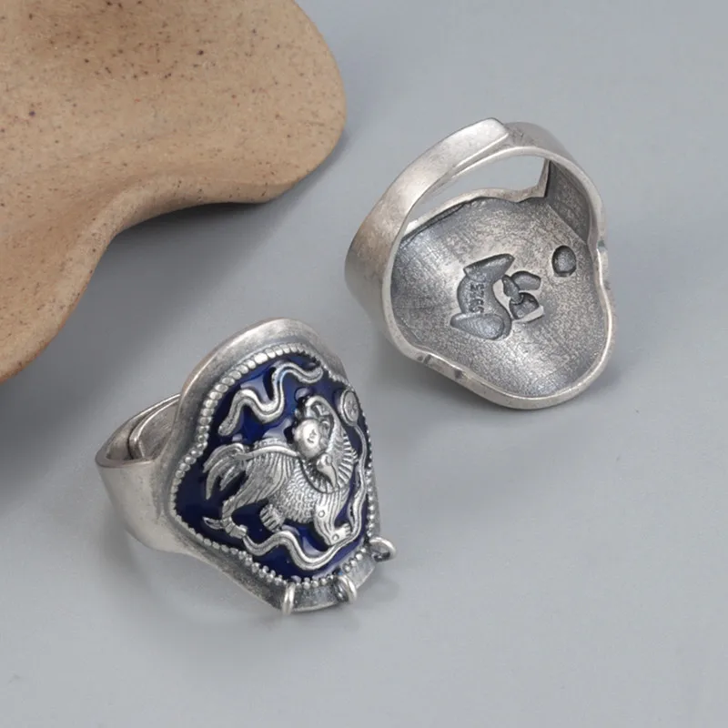 S925 sterling silver wide-faced lion burnt blue drop glue craft ring female retro ethnic style can be hung pendant tassel ring