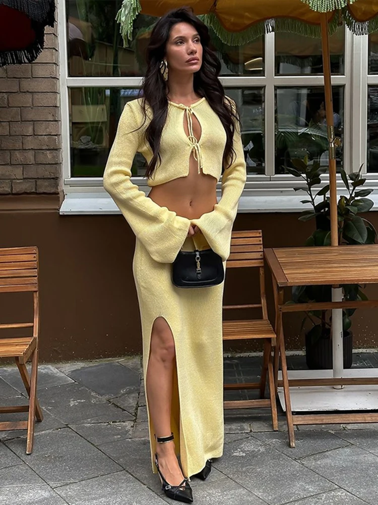 

Lace-Up Tops Maxi Skirts Two-piece Set Women Flare Sleeve Top Suit With Side Split Skirt Female 2025 Spring Solid Outfits
