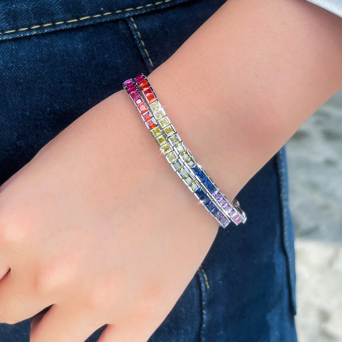 Pera Fashion Pulseras de cadena con eslabones cuadrados multicolor de circonita cúbica y cierres de gancho de langosta para mujer, joyería hiphop, regalo para fiestas B188