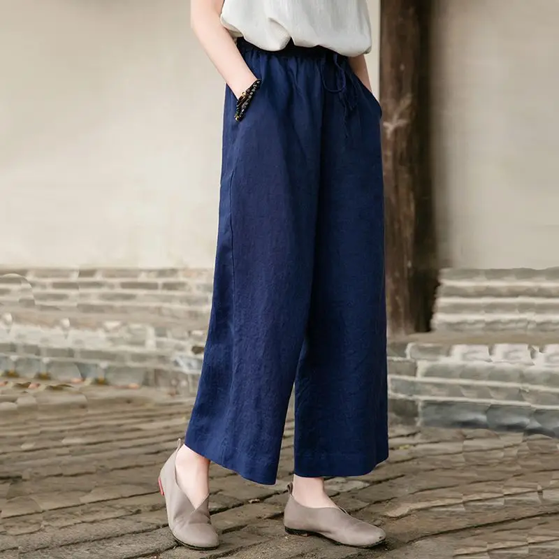 Letnie, luźne, lniane spodnie vintage z wysokim stanem