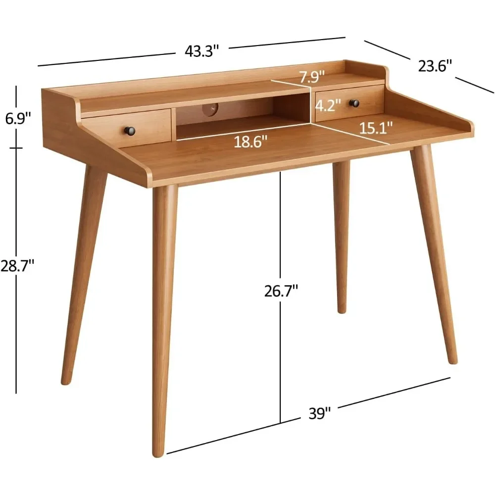 43" Writing Desk with 2 Drawers, Monitor Stand Riser, Open Storage Cubby,Mid Century Modern Wood Home Office Computer Desk