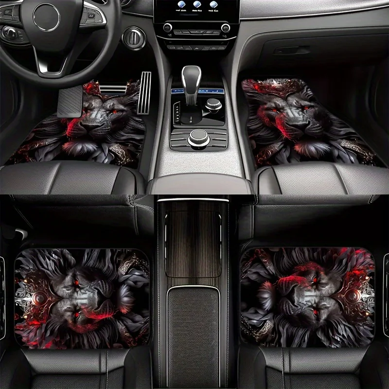 

4pcs Lion King Motif Car Floor Mats - Comfortable Crystal Velvet Vehicles Floor Mats, Front & Rear Full Coverage Auto Interior A