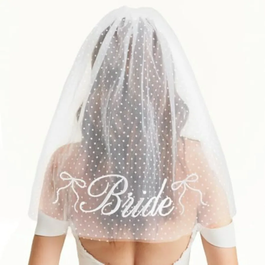 xo, Fetti Bride Veil Dotted Tulle Bachelorette, Bride To Be, Bridal Shower, Engagement Party, White, Embroidered Bows, Coquette