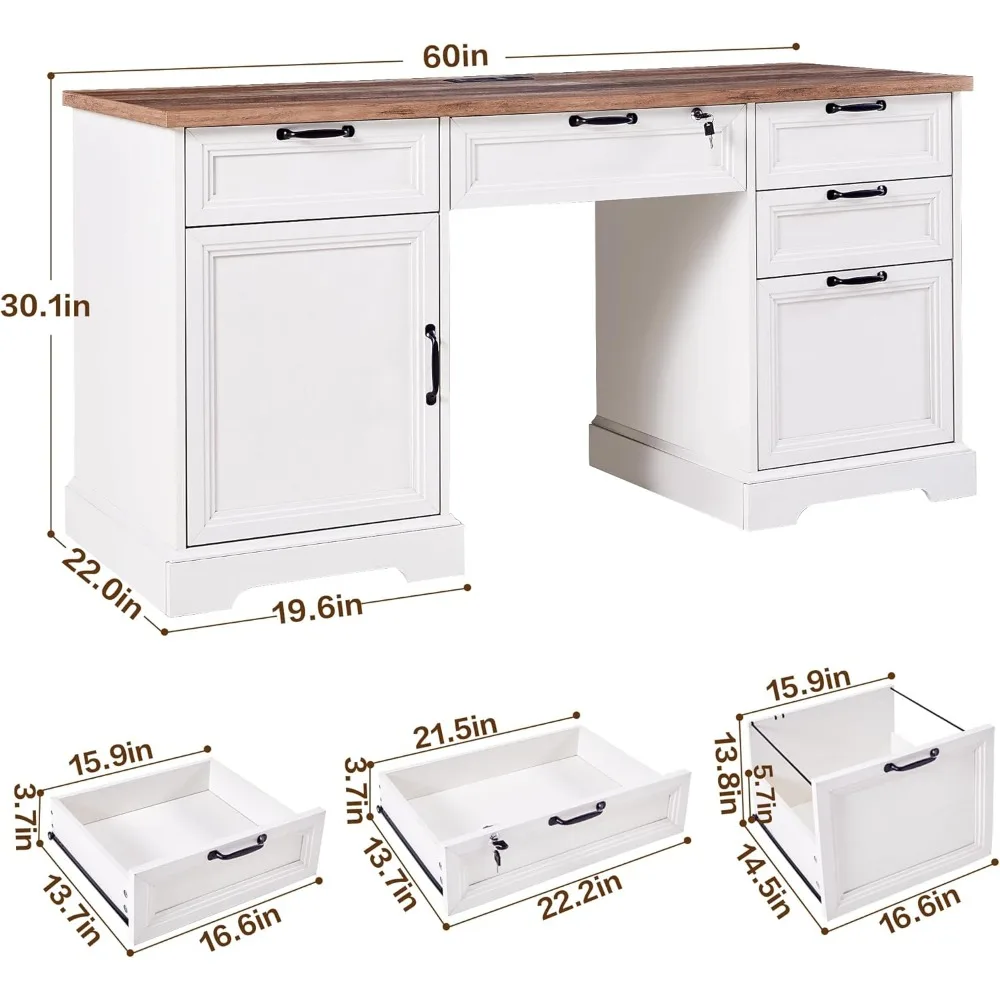 

60 farmhouse administrative desks with charging stations, home desks with 4 drawers, 1 cabinet, and 1 filing cabinet