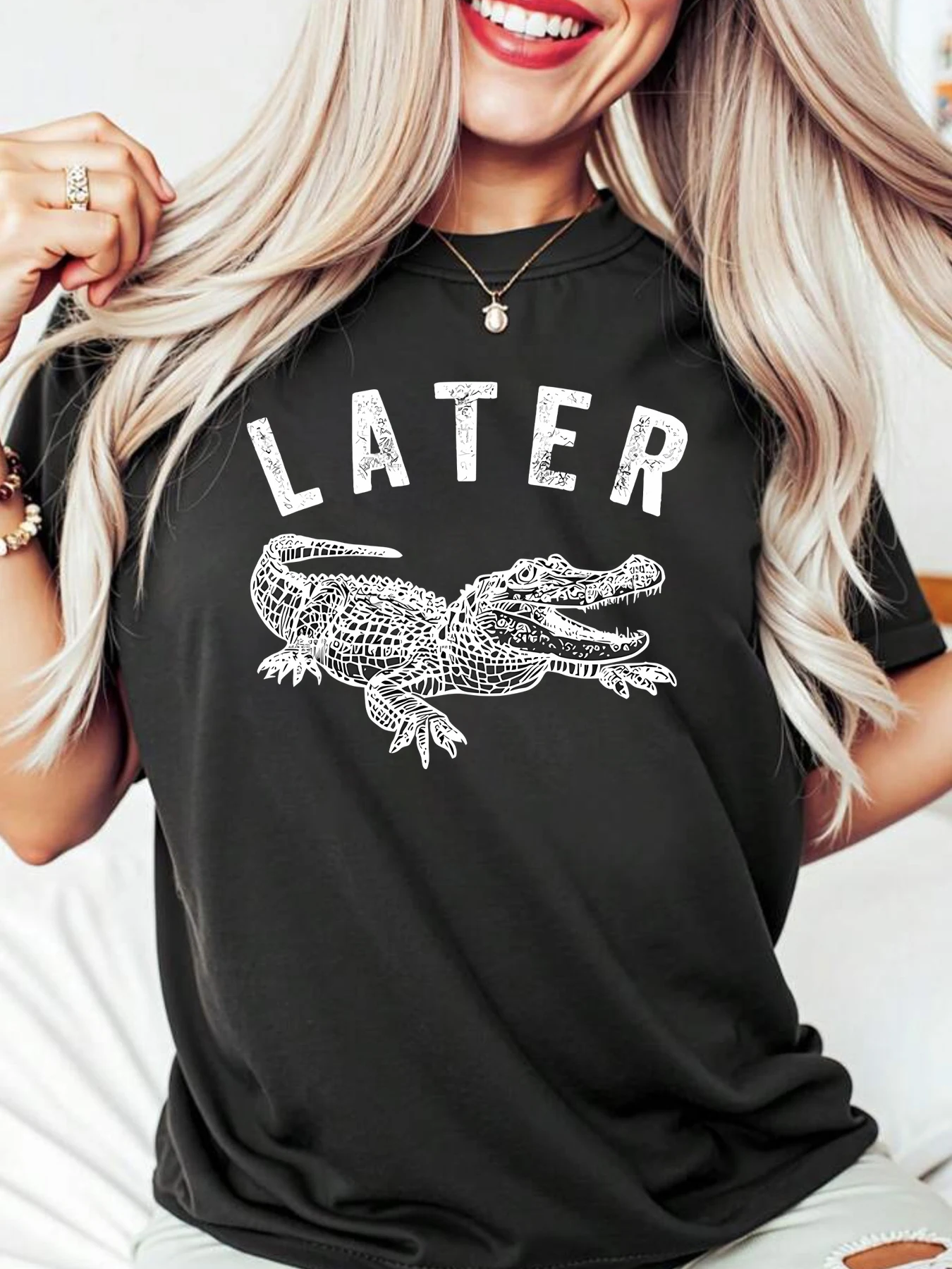 

Crocodile pattern round neck plus size women T-shirt short sleeve trend printing elastic half sleeve T-shirt