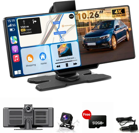 Wireless Portable Carplay Screen for Car - 10.26Inch Carplay & Android Auto Car Touch Stereo, with 4K Dash Cam, Backup Camera,Bluetooth, Free 512G TF Card
