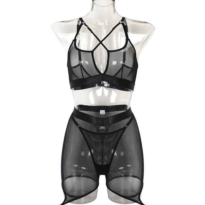 MUZISKAT Trendy Lingerie 2024 Women 3 Piece Set Luxury Sexy Mesh See Through Thong and Bra Bandage Underwear Body Strappy Sets