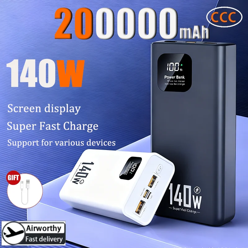 

200000 мАч Power Bank Портативное зарядное устройство большой емкости 140 Вт PD 22,5 Вт с сверхбыстрой зарядкой для iPhone Samsung Huawei