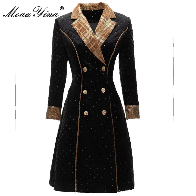 

MoaaYina Fashion Runway Spring Winter Coat Women's Long Sleeve Double-breasted Slim Black Jackets Overcoat