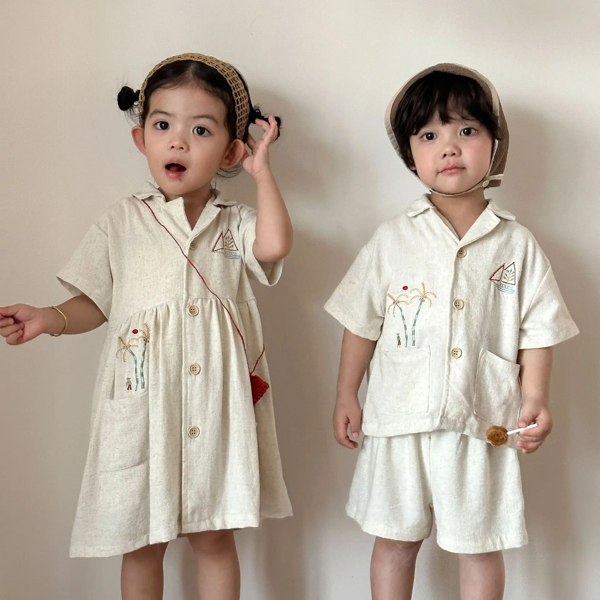 Summer Kids Clothing Set 1-10Y Boys Linen Set Short Sleeve Shirts+Shorts 2Pcs Suit Baby Girls Casual Dress Brother Sister Outfit