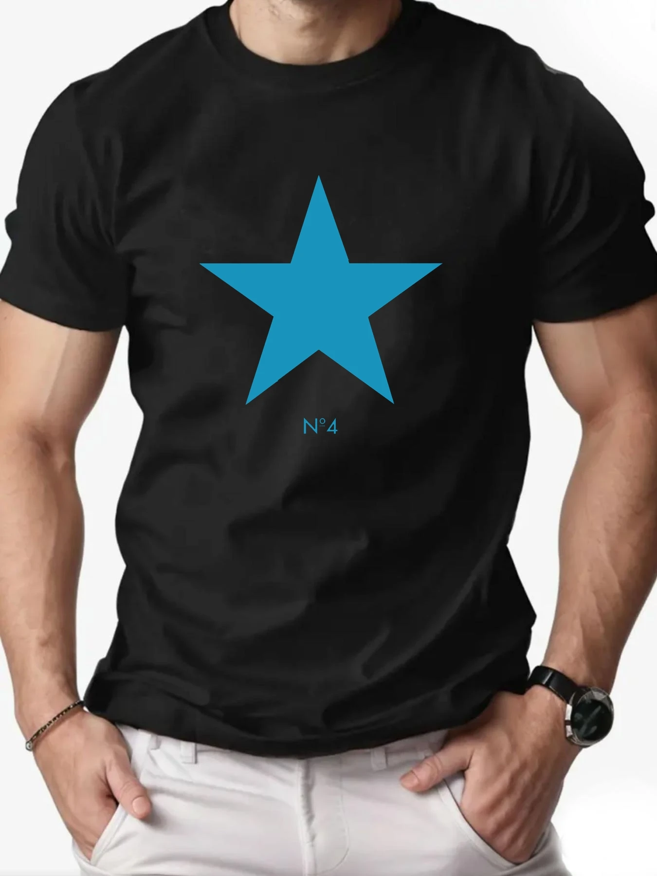 Pop ‌Men 100% Cotton Oversized T-Shirt O-Neck Blue Pentagram Print Streetwear Casual Loose Fit Summer Tee Top For Daily Wear‌