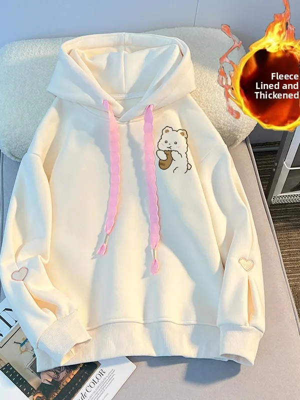 

Женская флисовая толстовка с вышивкой, осенне-зимняя, новый стиль, японский милый студенческий уютный фасон, верхняя одежда