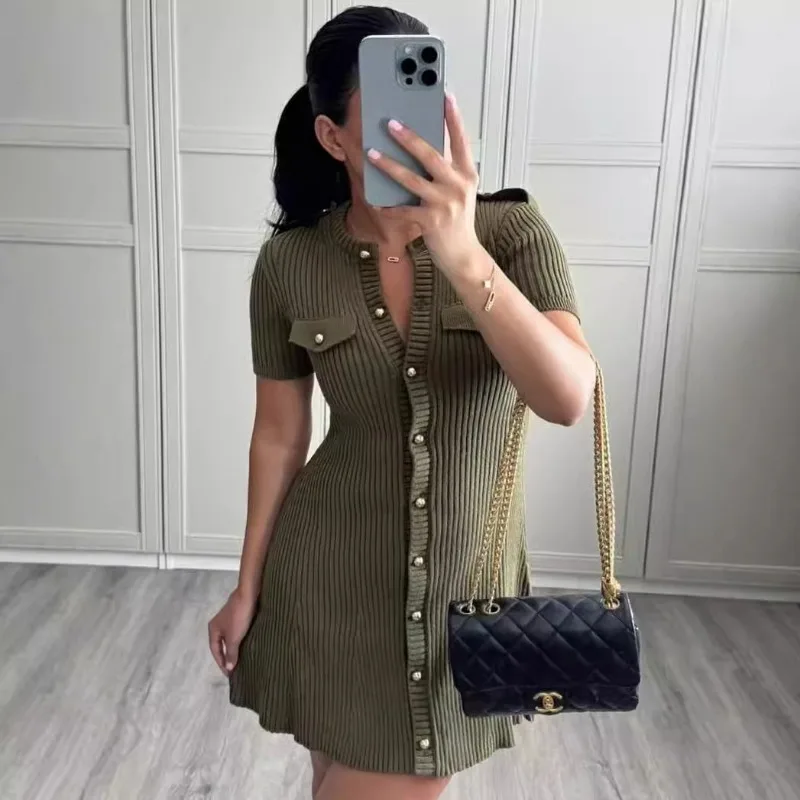 Trendix Knit Rib Mini Dress For Women 2025 Spring Fashion High Waist Short Sleeve Dresses Femme Vintage Casual Knitwear Dress