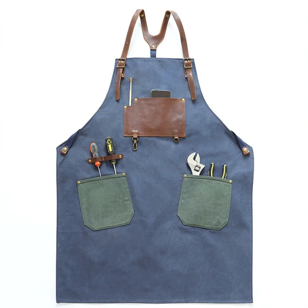 Heavy Duty Canvas Bib Apron With Leather Pockets Storage Organizer For Carpentry Woodworking Painting Cooking Art