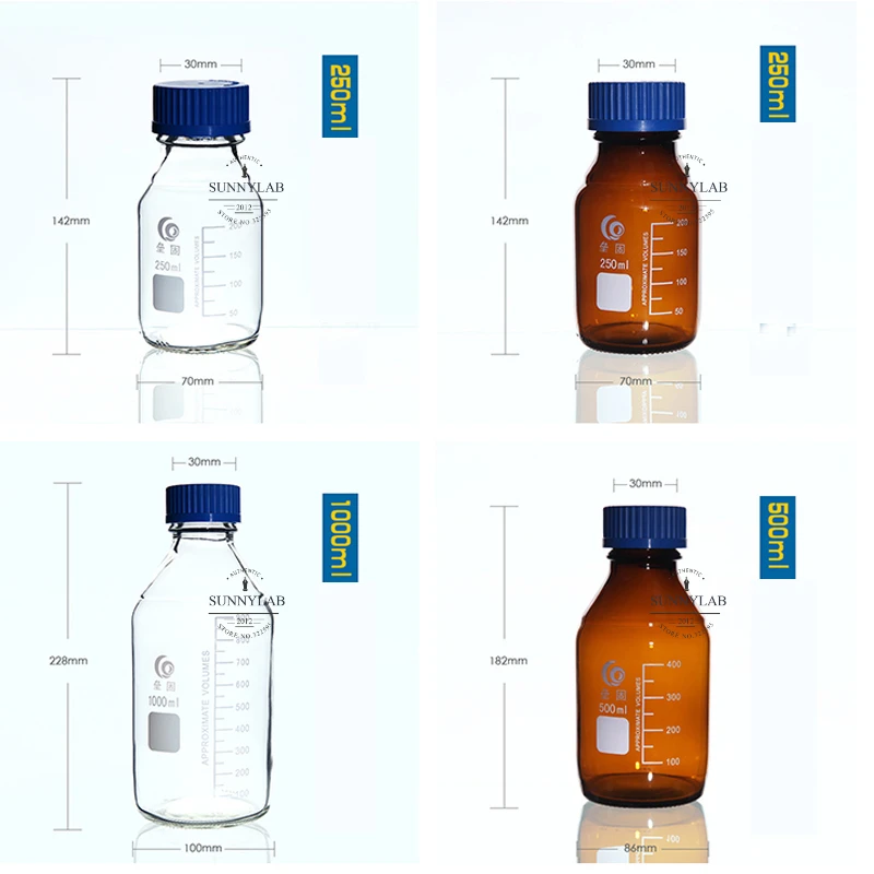 Botella de reactivo con tapa de rosca transparente/marrón de laboratorio de 25ml a 1000ml, botella sellada, botella de muestra de laboratorio de