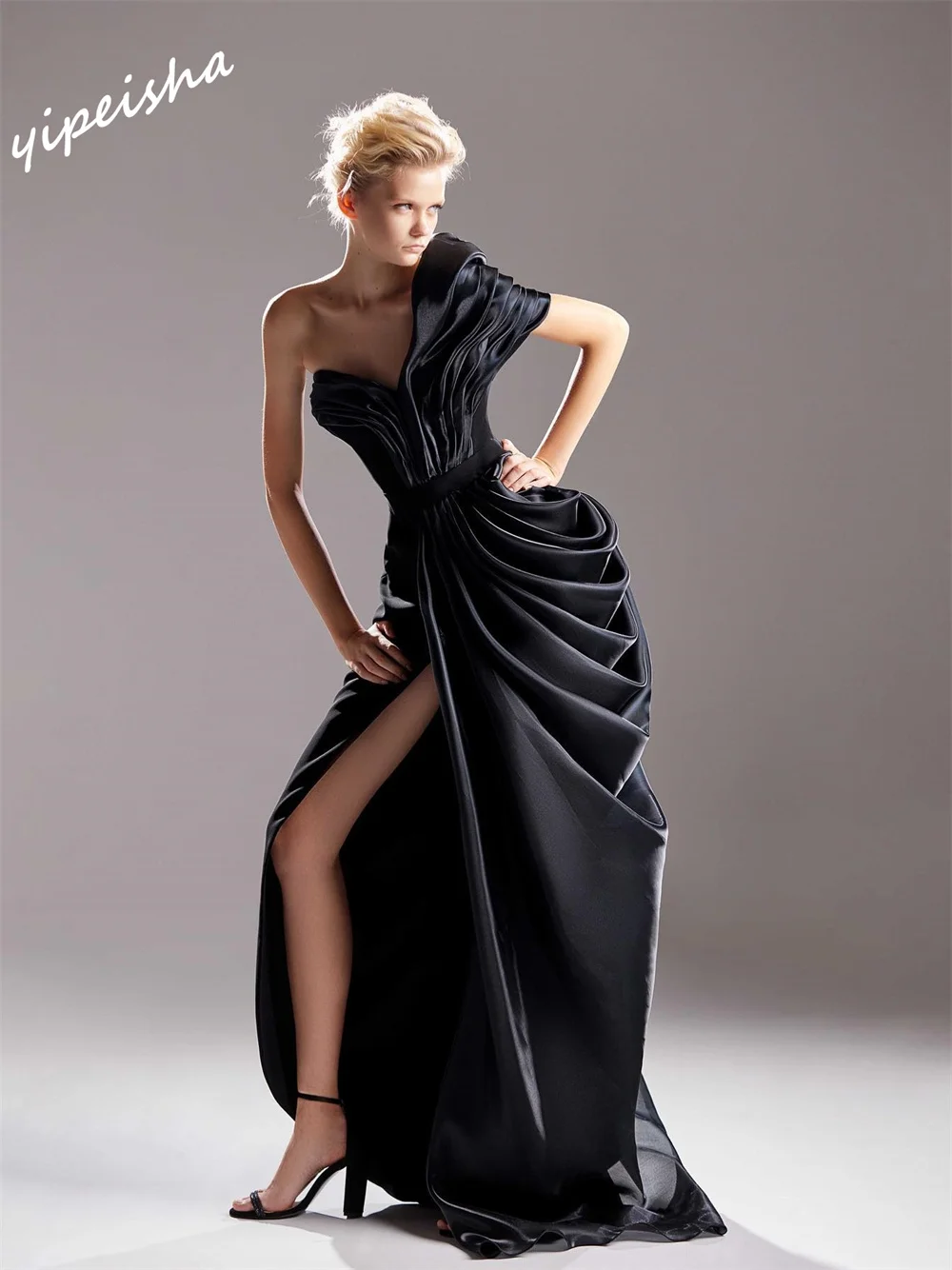 Exquisite One-shoulder Sheath Floor Length Evening es Draped Satin Customized