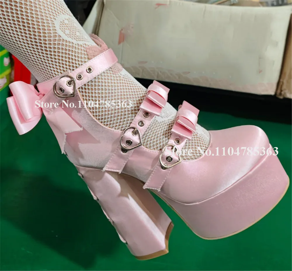 

Cute Pink Satin Bowties Decorated Block Heel Pumps Round Toe Straps Back Lace-up High Platform Thick Heel Party Heels