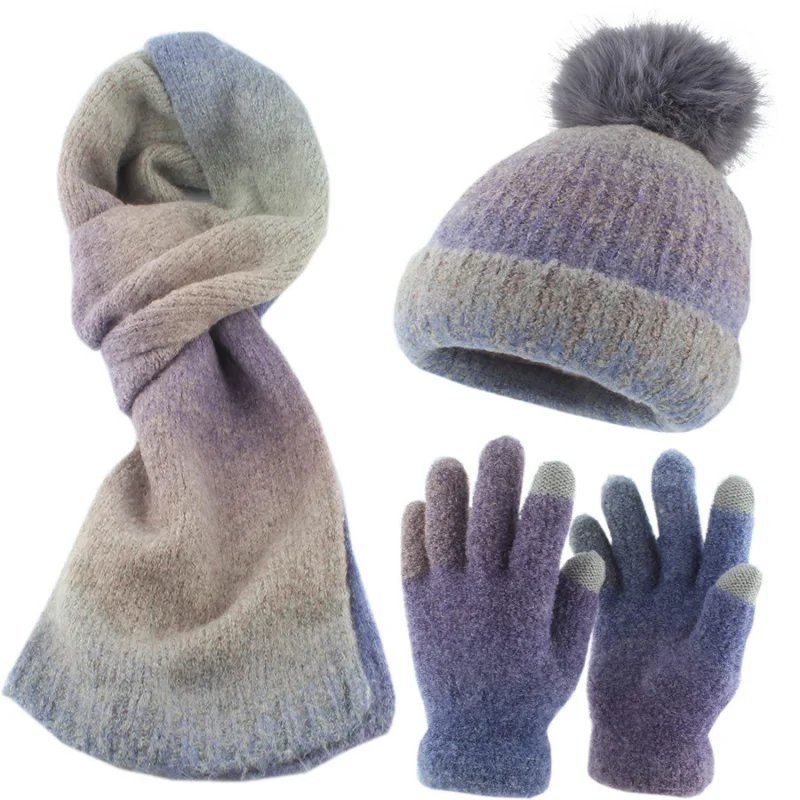 New Autumn Winter Adult Gradient Color Knitted Pom-Pom Hat Scarf Gloves Set Fleece-Lined Warm Three-Piece Set for Women Gilrs
