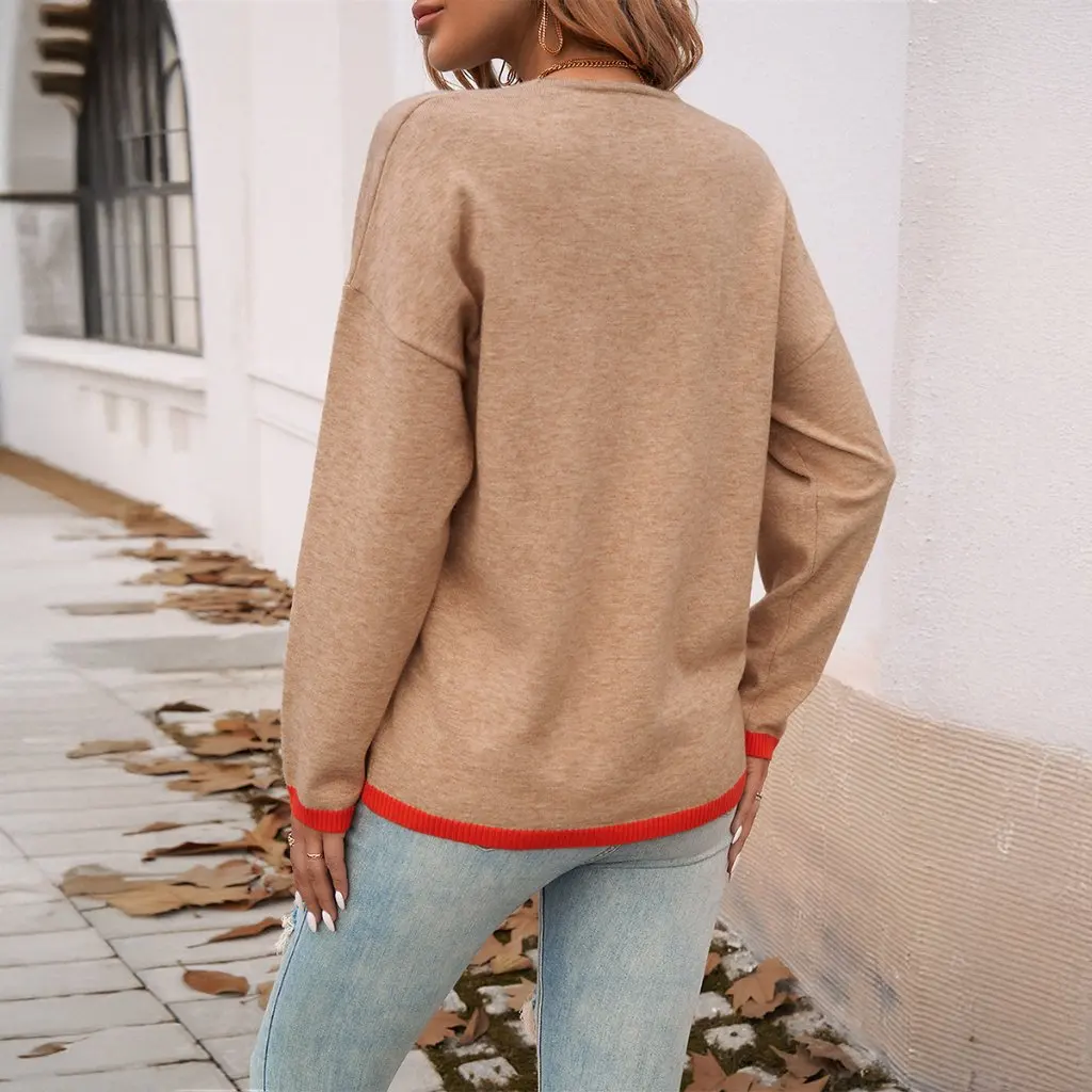 

Kai Kuo Women's Long Sleeve Sweater V-neck Contrast Color Loose Turtleneck Autumn Winter Leisure Wear