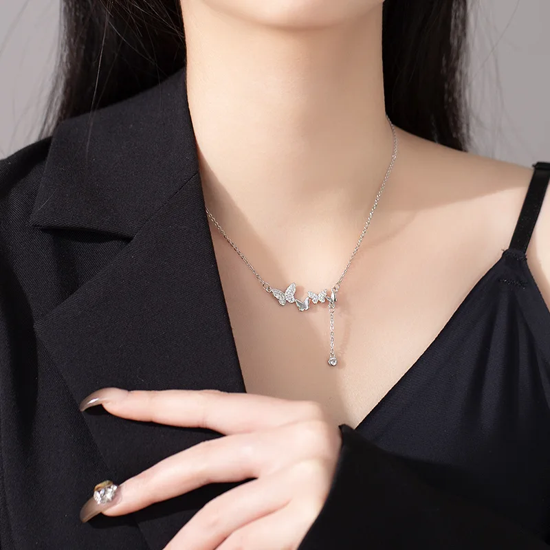 Christmas Gift 925 Sterling Silver sSparkling Diamond Butterfly Necklace Fashionable Tassel Collarbone Chain Birthday Gift Jewel