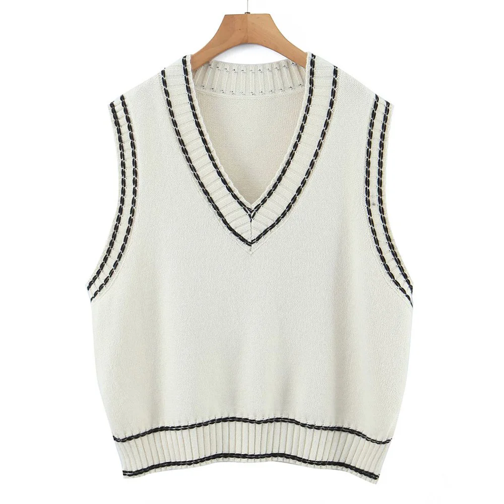 

2023 Autumn Good Quality Womens Plus Size Sweater Vest Casual Clothing V-Neck Preppy Style Contrast Color Curve Knitted Jumpers